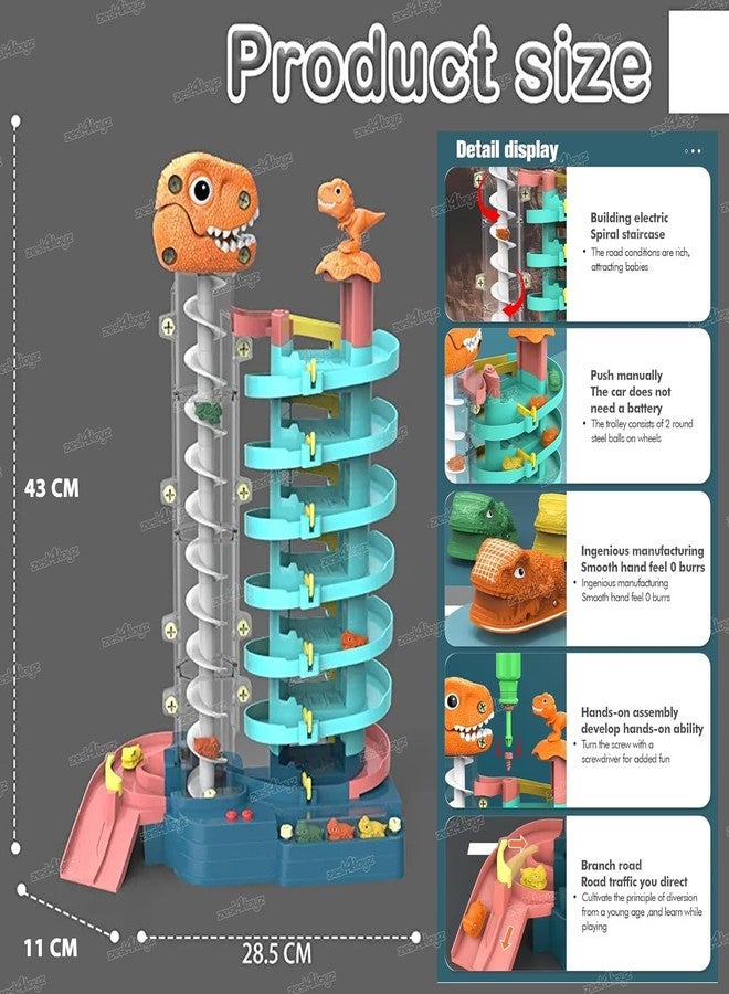 Onecado 7 Storey Track Parking Tower Cars Garage Playset Moving T-Rex Dinosaur with 7 Dino Cars for 3+ Ages - Image 3